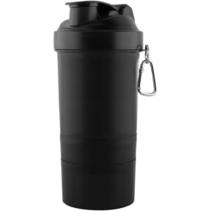 A drink bottle featuring a black 3 in 1 shaker cup design, equipped with a carabiner and a lid.
