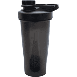 A drink bottle featuring a black shaker cup with a measuring scale and a flip-top lid. It includes a logo.