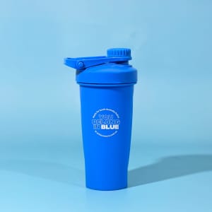 A drink bottle in vibrant blue with a screw-on lid and a small spout, featuring a logo.
