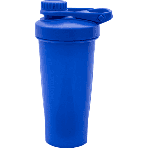 A drink bottle with a blue exterior and a lid, featuring a clip and a measuring scale inside.
