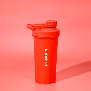 A drink bottle in bright red with a secure lid and a logo, designed for protein shaking.