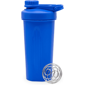 A drink bottle in blue, featuring a secure lid and a stainless steel whisk ball beside it.