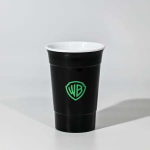 A drink cup featuring a black exterior and a white interior, with a logo on the side.