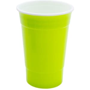 A drink cup with a double wall design, featuring a bright green exterior and a white interior. It has a logo.