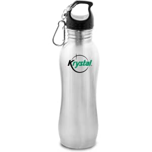 A drink bottle in silver and black with a carabiner and a logo on the side.