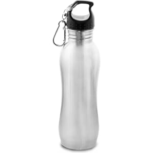 A drink bottle made of silver stainless steel with a black plastic lid and a carabiner attachment.