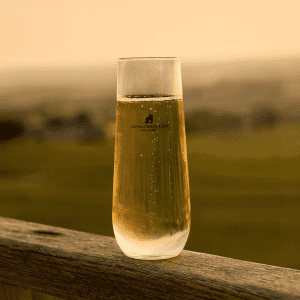 A stemless shatterproof champagne glass filled with golden bubbly liquid, placed on a wooden surface. The glass has a logo.