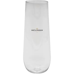 A clear, stemless shatterproof champagne glass with a logo printed on it. Suitable for drinks and festivities.