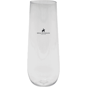 A clear, stemless shatterproof champagne glass featuring a logo, suitable for drinkware.