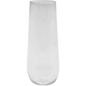A stemless shatterproof champagne glass in clear plastic with a smooth, modern design. It features a logo.