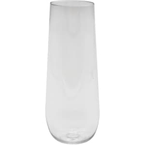 A clear, stemless shatterproof champagne glass with a smooth, modern design and a subtle logo.
