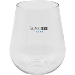 A stemless, shatterproof white wine glass in clear plastic featuring a logo.