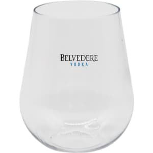 A stemless, shatterproof wine glass in clear plastic, featuring a logo.
