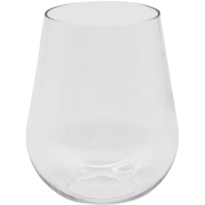 A clear, stemless shatterproof white wine glass with a rounded design and no branding visible.