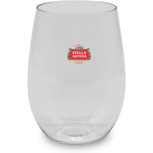 A stemless, shatterproof red wine glass in clear plastic with a logo.