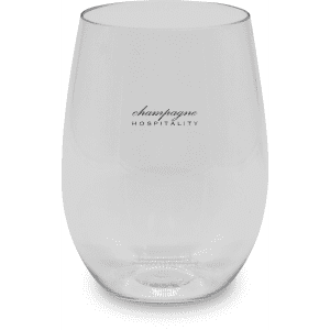 A stemless, shatterproof red wine glass in clear plastic with a logo. Suitable for outdoor use.