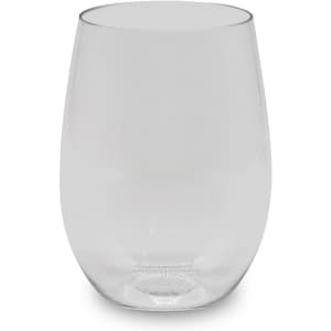 A clear, stemless shatterproof red wine glass with a smooth and rounded shape, designed for casual use.