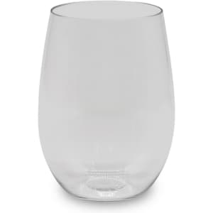 A clear, stemless shatterproof red wine glass with a smooth, rounded shape. Features branding on the side.