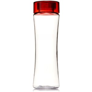 A drink bottle made of clear Tritan with a red lid. It has a sleek, curved design and a logo.