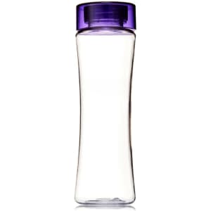 A drink bottle in clear Tritan with a purple lid, featuring a smooth, curved design and a logo.