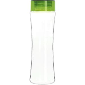 A drink bottle made of clear Tritan plastic with a green lid, featuring a sleek and modern design.
