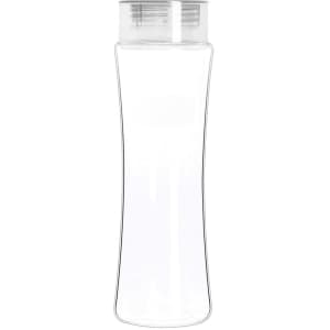A drink bottle in clear Tritan material with a sleek design and a transparent lid. It features a branding logo.