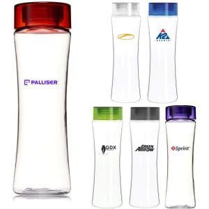 A drink bottle collection featuring various designs and colours, including clear plastic with red, green, blue, and purple lids.