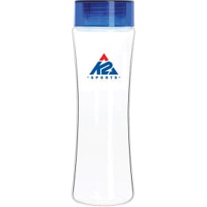 A drink bottle made of clear Tritan with a blue lid and a logo on the front.