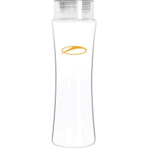 A drink bottle made of clear Tritan with a transparent design and a silver lid. It features a small logo.