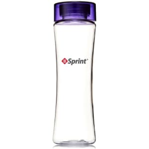 A drink bottle made from clear Tritan with a purple screw-on lid and a logo.