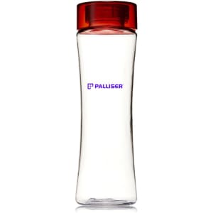 A drink bottle in clear plastic with a red lid, featuring a logo on the side.