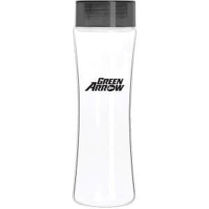 A drink bottle in clear Tritan with a black lid and a logo on the front.