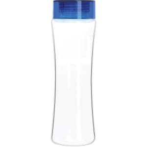A drink bottle made of transparent Tritan with a blue lid and a sleek, curved design. It features a logo.