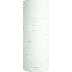 A drink bottle featuring a simple design, presented in a cylindrical container, primarily white in colour. It has a logo.