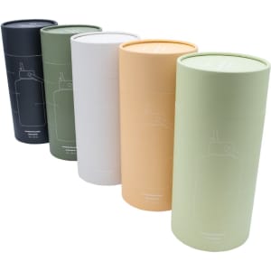 A drink bottle collection in black, olive green, white, peach, and light green, each in cylindrical packaging.