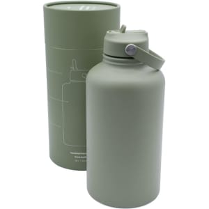 A drink bottle in matte green with a flip-top lid, accompanied by a matching cylindrical container.