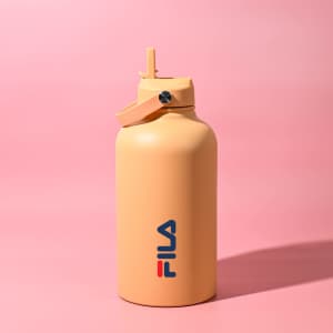 A drink bottle in a soft orange colour with a screw-top lid and a logo on the front.