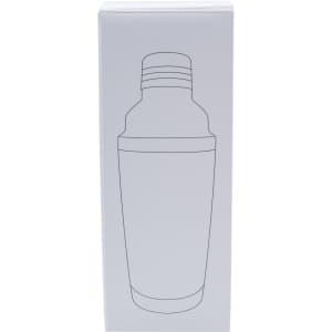 A drink bottle in a sleek design, featuring a silver body and a white outline in packaging with a logo.
