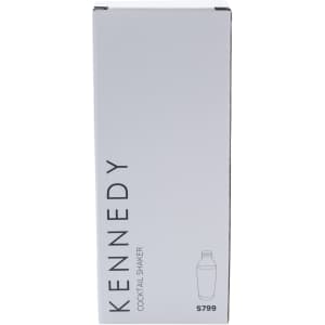 A drink bottle in a white box featuring a logo, designed as a cocktail shaker with a modern style.