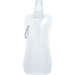 A drink bottle in a translucent white colour with a spray nozzle and a metal carabiner attached.