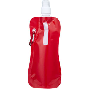 A drink bottle in bright red with a white cap and a carabiner attachment, featuring a logo.