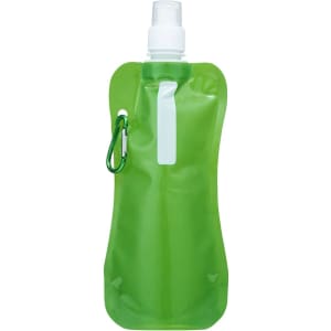 A drink bottle in bright green, featuring a spray nozzle and a carabiner clip, with a simple branding logo.