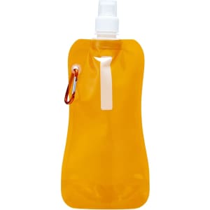 A drink bottle in a vibrant orange hue with a spray nozzle and a carabiner attachment. Features a logo.
