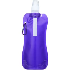A drink bottle in a vibrant purple colour, featuring a flexible design and a carabiner clip. It has a logo.