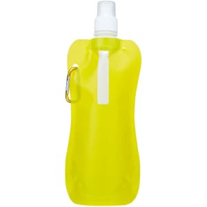 A drink bottle in bright yellow, featuring a secure cap and a carabiner clip. It has a logo on the side.