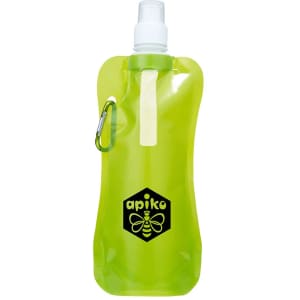 A drink bottle designed for outdoor use, featuring a translucent green body and a logo, with a carabiner attachment.