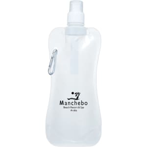 A drink bottle in clear plastic with a spray nozzle and a carabiner clip features branding on the side.