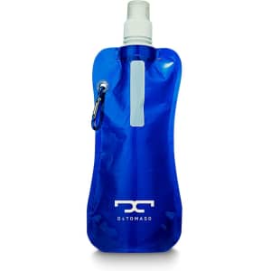 A drink bottle in a blue water pouch design, featuring a spout and a clip attachment. It has a logo.