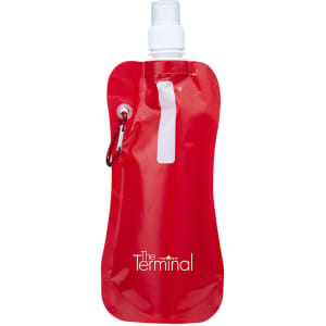 A drink bottle in a vibrant red colour with a white spout and a branding logo.