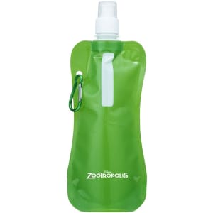 A drink bottle in a bright green colour, featuring a spray nozzle and a clip attachment, with a logo.